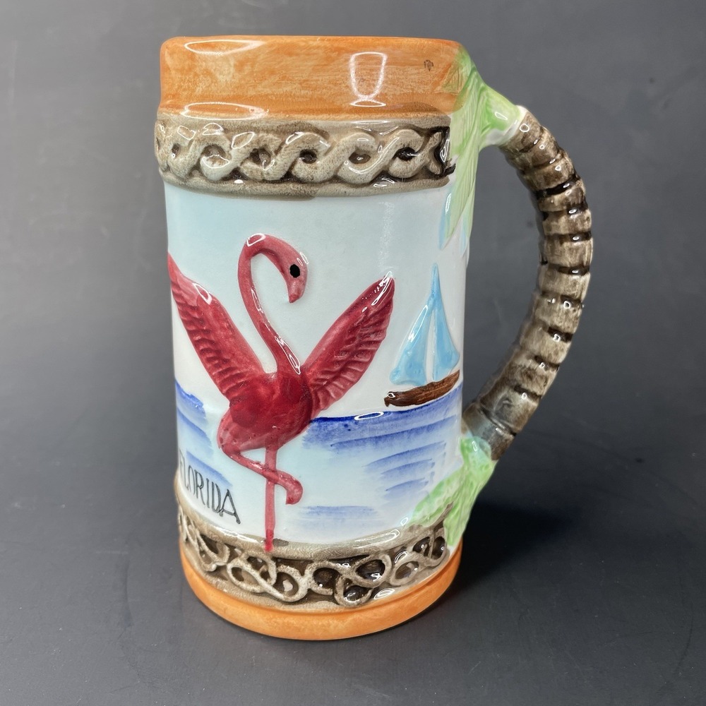 Vintage Ceramic Florida Beer‎ Stein Mug with Flamingo & Sailboat Colorful Glaze